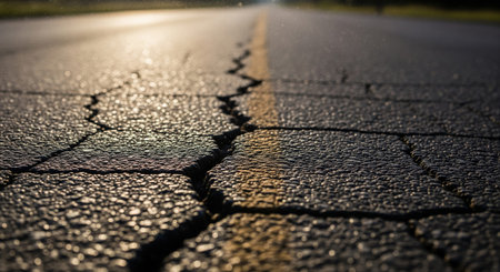 Close-up of cracked asphalt road in the evening. Abstract backgroundの素材