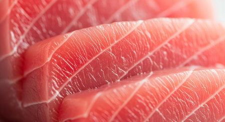 Slices of fresh tuna fish fillet close-up.の素材