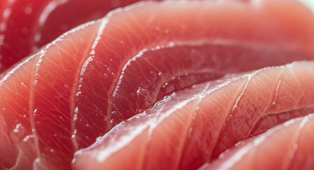 Slices of fresh raw tuna fish close-up macro photographyの素材