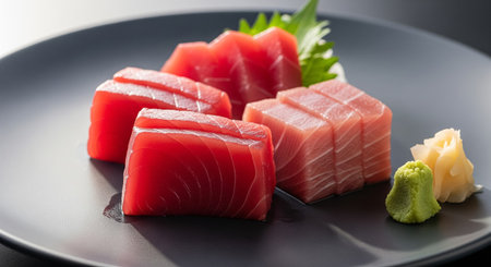 Japanese food, tuna sashimi on a black plate over white backgroundの素材