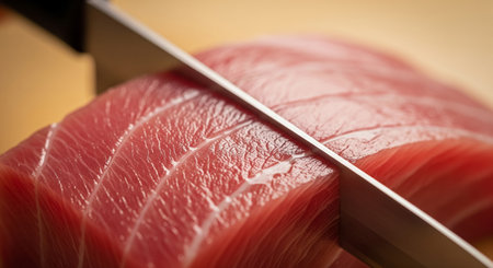 Tuna sashimi being cut with a knife on a cutting boardの素材