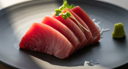 Tuna sashimi japanese food style on wooden backgroundの素材