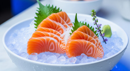 Raw salmon sashimi - japanese food style on iceの素材