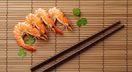 Boiled shrimps on bamboo mat with chopsticks, top viewの素材