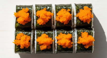 Sushi rolls with salmon and caviar on a white background.の素材