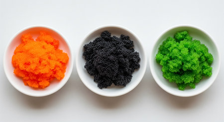 Black, red and green caviar in bowl isolated on white backgroundの素材