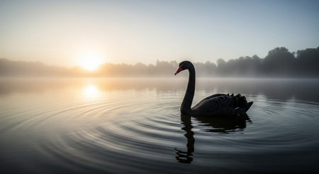Black swan swimming in a misty lake at sunrise in autumnの素材
