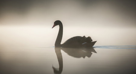 Swan swimming in a foggy lake on a misty morningの素材