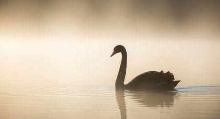 swan on lake in morning mist, swans on pond, nature seriesの素材