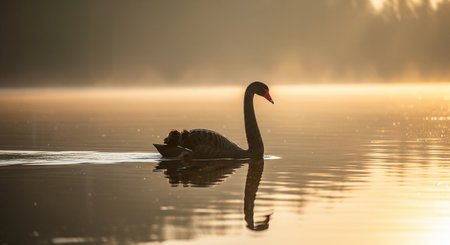 swan on lake at sunrise, swans on pond, nature seriesの素材