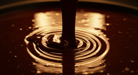 Close-up of a drop of chocolate falling into a bowl.の素材