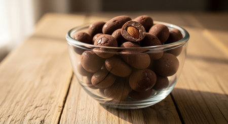 Chocolate cookies with hazelnuts in a glass bowl on a wooden tableの素材