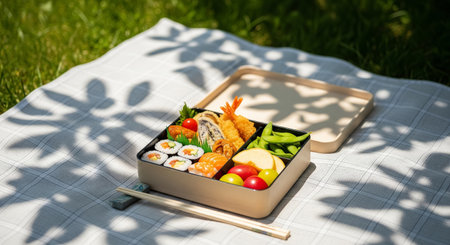 Japanese lunch box with sushi, rolls and fresh vegetables on table in gardenの素材