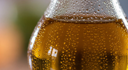 Close-up of a bottle of beer with water droplets.の素材