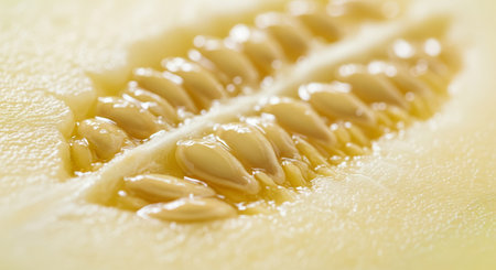 Close-up of cantaloupe melon with seeds.の素材