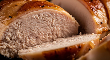 Roasted pork loin on a black plate. close-upの素材