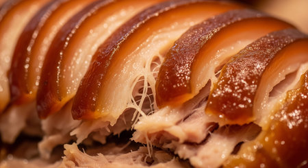 Close up of a smoked pork belly. Macro. Selective focus.の素材