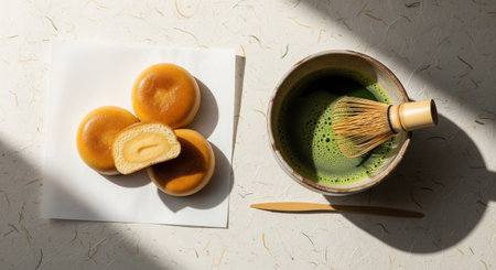 Matcha green tea with buns and matcha powder on white tableの素材
