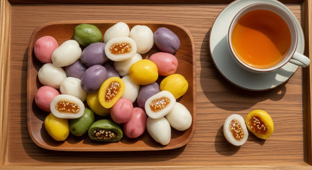 Japanese confectionery, colorful glutinous rice cake with hot teaの素材
