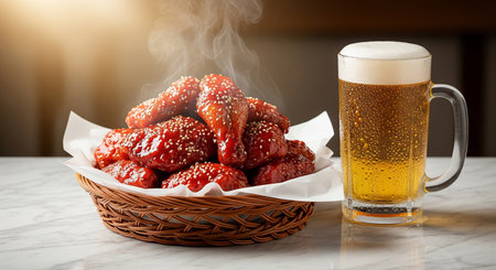Basket of fried chicken wings with sesame seeds and a glass of beerの素材