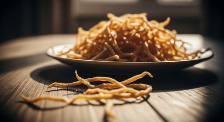 close up of dried squid in a bowl on a wooden table.の素材