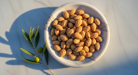 Almond nuts in a bowl with olive branch on white marble tableの素材