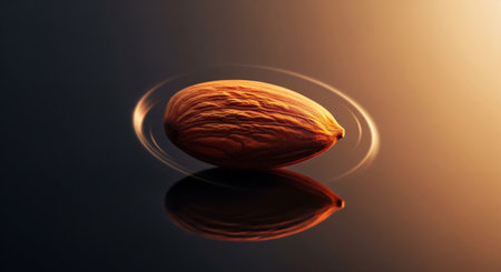 Almond on a dark background with a light reflection in it.の素材