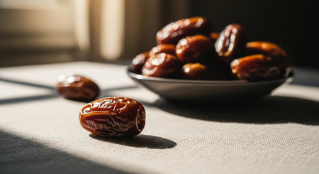 Close up of dried dates in a bowl on a light background.の素材