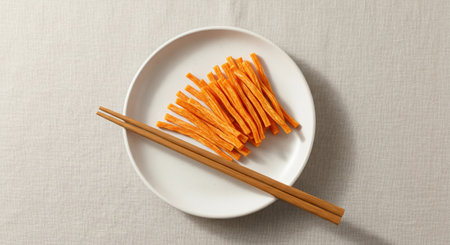 Crispy carrot sticks on a white plate with chopsticks.の素材