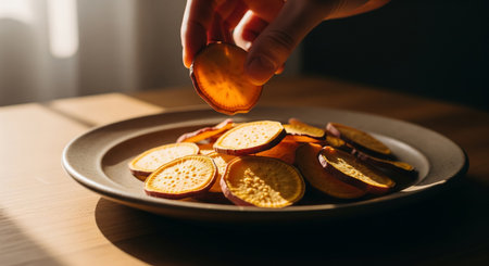 Slices of sweet potatoes in a plate on a wooden tableの素材
