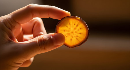 Close up of a woman's hand holding a slice of orange fruitの素材