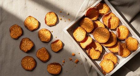 Freshly baked cookies in a wooden box on the table.の素材