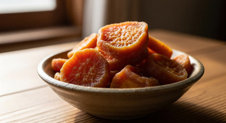 Dried apricots in a ceramic bowl on a wooden tableの素材