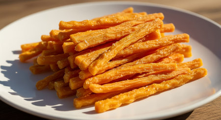 Close up of a plate of churros on a wooden tableの素材