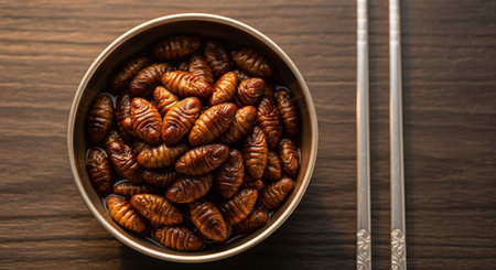 Roasted silk worms in bowl on wooden table, top view.の素材