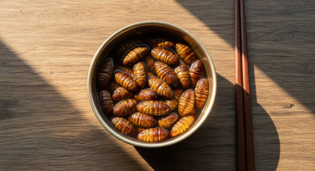 Roasted silkworm in bowl with chopsticks on wooden table.の素材