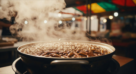 Cooking sausages in a cauldron on a street food stallの素材