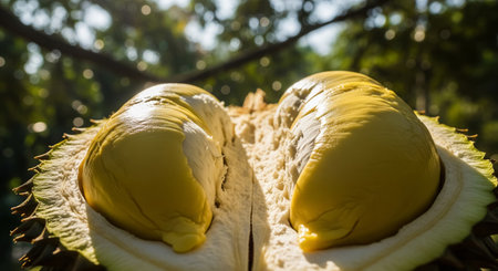 Close up durian fruit on the tree in the garden, Thailand.の素材