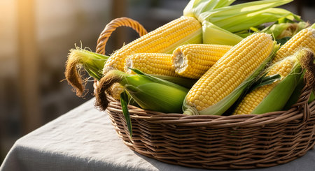 Fresh corn on the cob in a basket on a wooden table.の素材