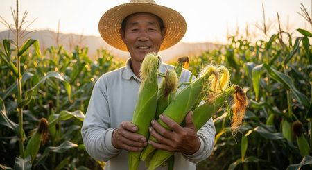 Happy asian senior farmer holding corn in the cornfield at sunsetの素材