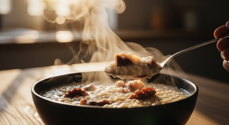 Pouring milk into a bowl of delicious oatmeal porridge, closeupの素材