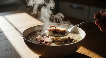 Oatmeal porridge with octopus in a bowl on the tableの素材