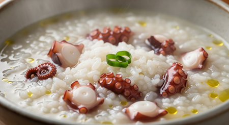 Rice porridge with octopus in a bowl, closeupの素材