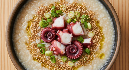 Oatmeal porridge with octopus and green onions, top viewの素材