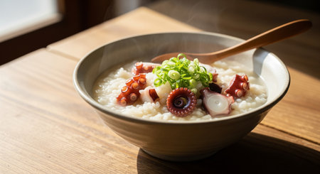 Rice porridge with octopus in a bowl on wooden tableの素材