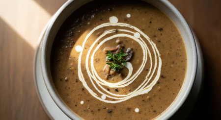 Mushroom cream soup in a ceramic bowl on a wooden tableの素材