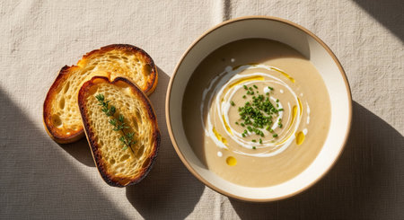 Creamy mushroom soup served with toasted baguette slicesの素材