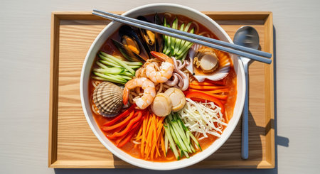 Bibimbap, Korean spicy noodle soup with shrimpsの素材