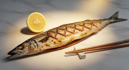 Grilled mackerel with lemon and chopsticksle tableの素材