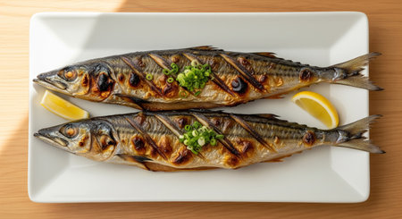 Grilled mackerel with lemon and parsley on white plateの素材